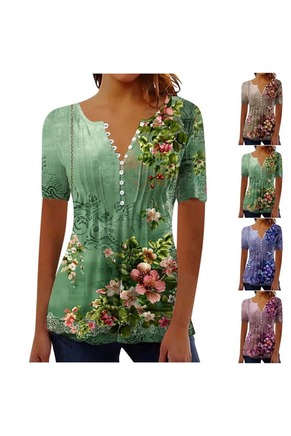 Summer Shirts for Women Plus Size Loose Short Sleeve Pleated Blouse Tops Comfy Button Up Tunic Blouses Elegant Flower Graphic Shirt Yellow L