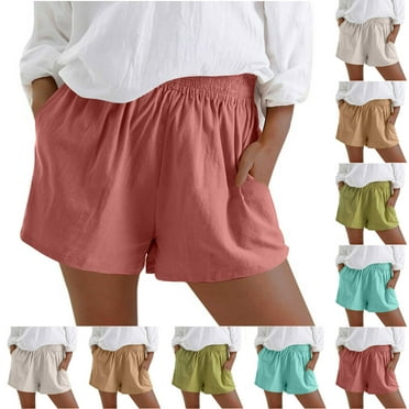 CFLVAEK Summer Shorts Women Plus Size Elastic Waist Short Pants Loose Solid Color Lounge Short Casual Cotton Linen Short Vacation Beach Shorts with Pockets Beige L