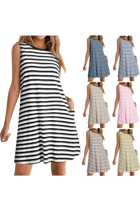 Summer Tank Dresses for Women Casual Sleeveless Crewneck Mini Dress with Pockets Fashion Striped Print A Line Dress Loose Fit Beach Vacation Dresses Black XXL