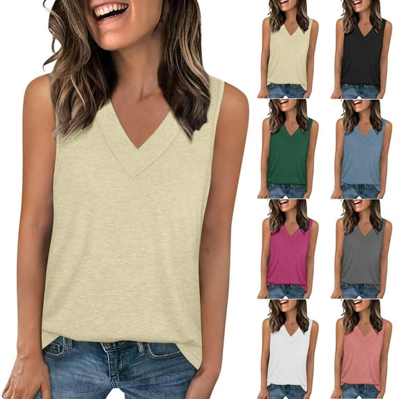 CFLVAEK Summer Tank Tops for Women 2025 Casual V Neck Top Loose Fit Sleeveless Vacation Shirts Solid Color Basic Tees Black M