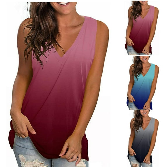 CFLVAEK Summer Tank Tops for Women Casual V Neck Going Out Top Loose Fit Sleeveless Shirts Fashion Gradient Graphic Tees 2025 Blue XL
