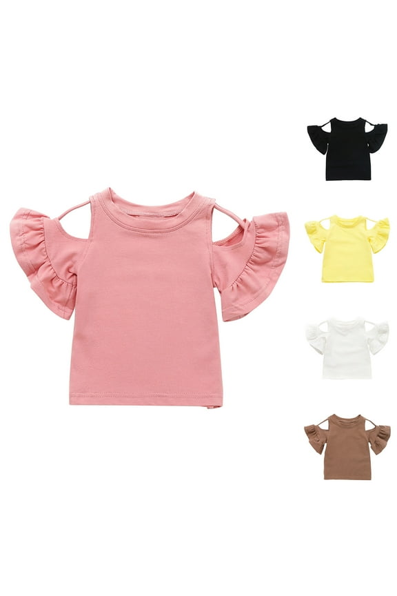 Summer Tops for Girls Cute Clod Shoulder Ruffled Sleeve Shirts Comfy Round Neck Cotton Shirt Solid Color Vacation Clothes White 2 Years