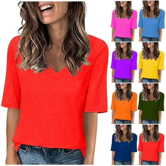 CFLVAEK Summer Tshirts for Women 2025 Plus Size Short Sleeve Tshirt Casual V Neck T Shirts Solid Color Basic Tees Beach Vacation Going Out Tops Hot Pink S