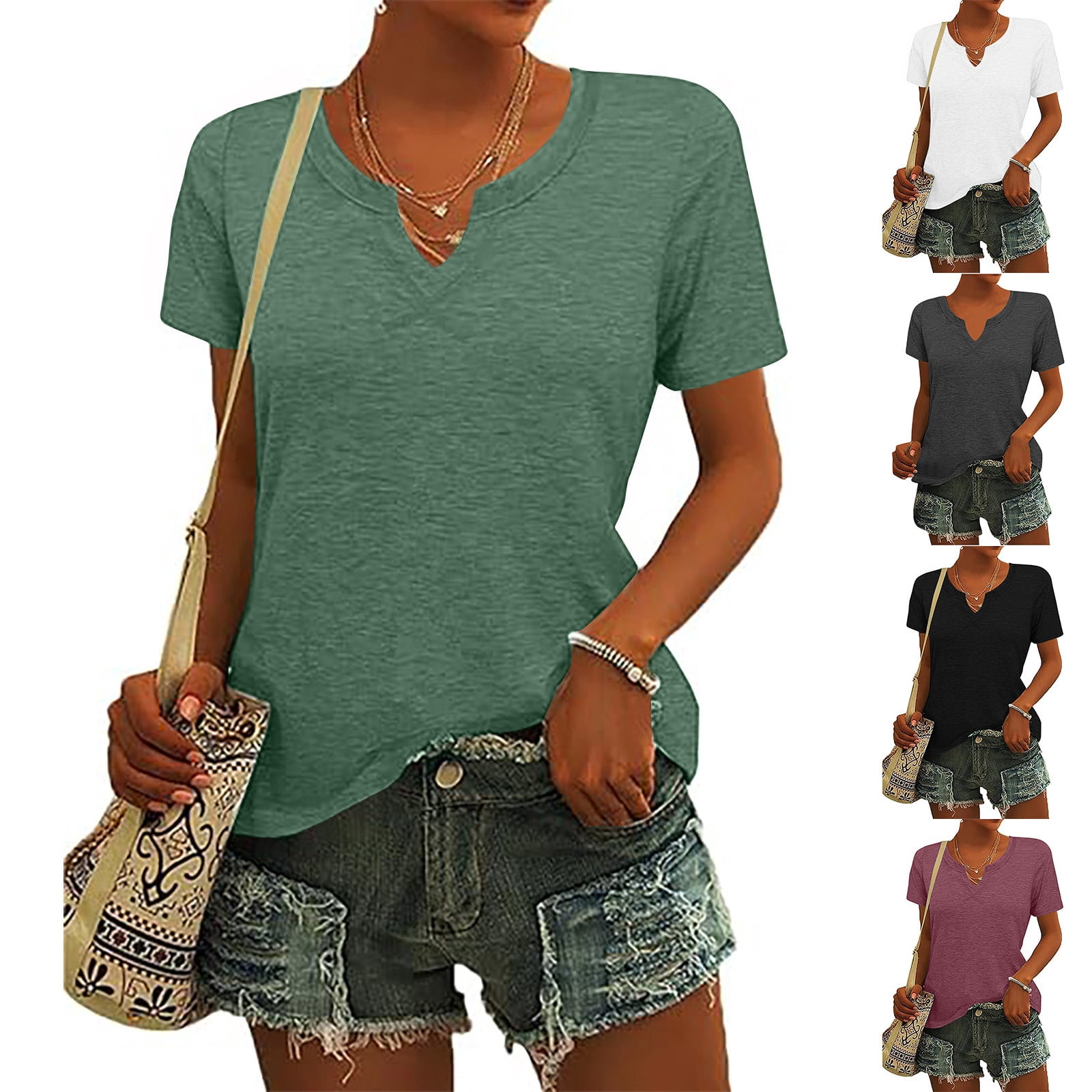 Anyally Women's Chiffon Blouse - V-Neck Short Sleeve Tunic Top With Ruffle Sleeve For Leggings (Dark Green XXL) - View #3