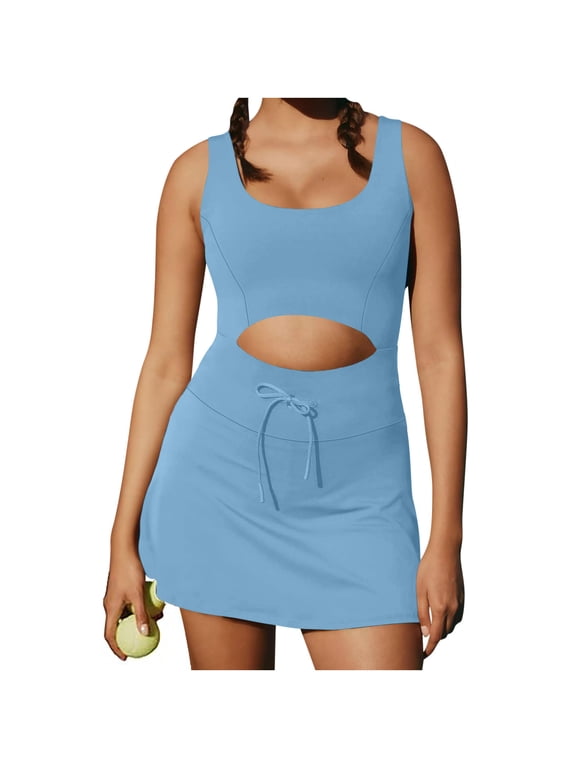 Summer Workout Dresses for Women Tummy Control Cutout Tennis Dress Stretch Solid Golf A Line Dresses Athleisure Sleeveless Waist Lace Up Skort Dress with Shorts