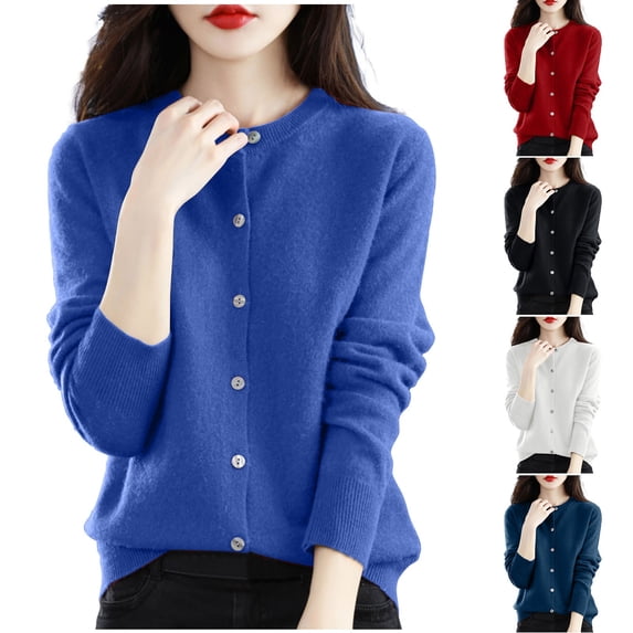 CFLVAEK Sweater Cardigans for Women Blue Button Down Open Front Knit Cardigan Lightweight Long Sleeve Crewneck Sweaters Dark Blue M