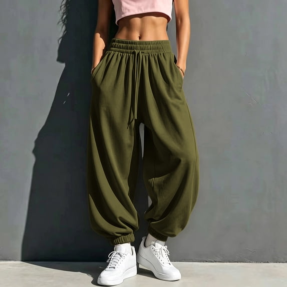 CFLVAEK Sweatpants for Women Baggy Cinch Bottom Athletic Workout Sweatpant Fall Winter Drawstring Elastic Waisted Running Pants with Pockets Army Green M