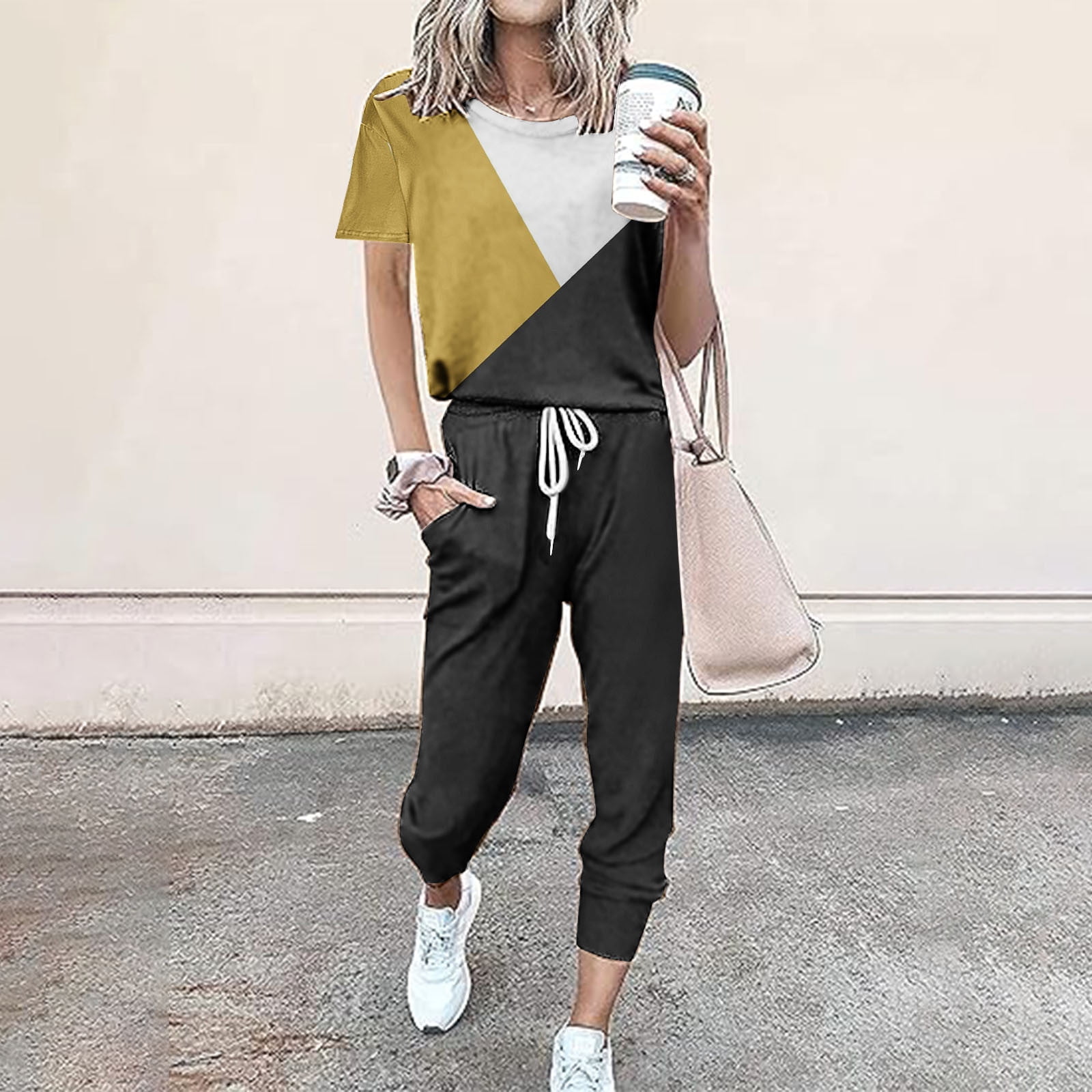 CFLVAEK Sweatpants and Shirts Matching Suits for Women 2 Piece Outfit Classic Color Block T Shirts with Drawstring Pocket Sweatpant Gray XL Walmart