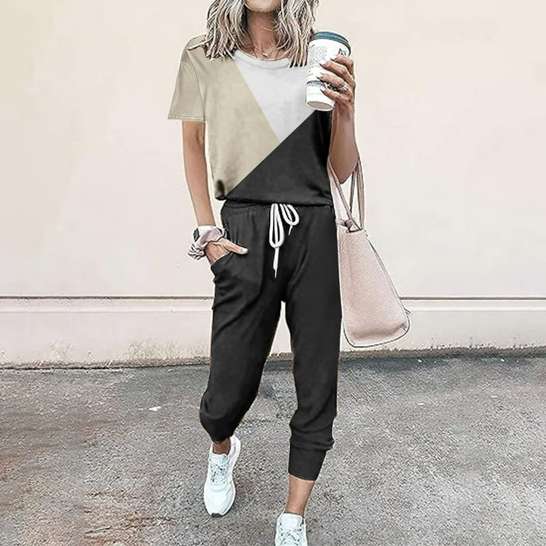 CFLVAEK Sweatpants and Shirts Matching Suits for Women 2 Piece Outfit Classic Color Block T Shirts with Drawstring Pocket Sweatpant Khaki L Walmart