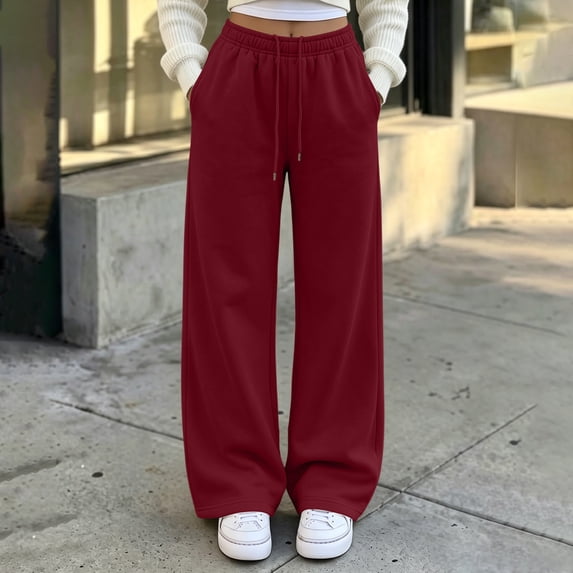 CFLVAEK Sweatpants for Women Loose Wide Leg Workout Sweatpant Casual Fall Winter Elastic Waist Drawstring Trousers with Pockets Red XXL