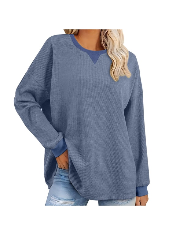 Sweatshirts Women Oversized Waffle Knit Sweatshirt Loose Fitting Drop Shoulder Long Sleeve Pullover Tops