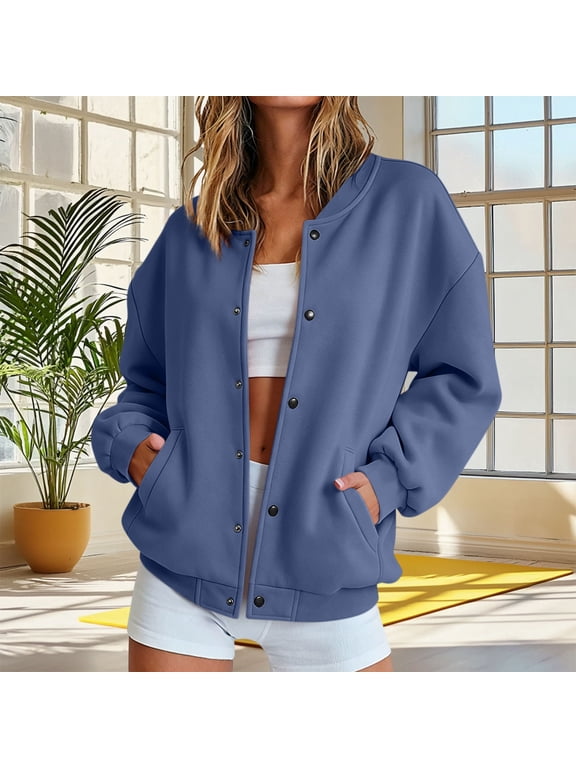 Sweatshirts for Women Trendy Button Down Jacket Coat Casual Long Sleeve Drop Shoulder Sweatshirt with Pockets Navy XL