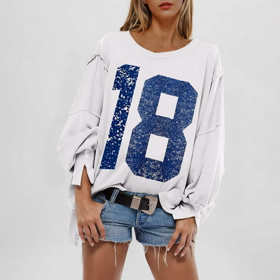 CFLVAEK Sweatshirts for Women Trendy Long Sleeve Side Slit Sweatshirt Loose Fit High Low Hem Pullover Tops Fashion Letter Graphic Sweatshirts Blue M