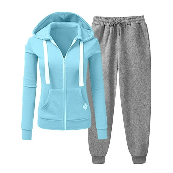 CFLVAEK Sweatsuits 2pcs Sets Womens Plus Size Zip Up Hooded Sweatshirts and Drawstring Elastic Waist Sweatpants Fall Workout Tracksuit with Pockets Blue S