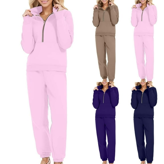 CFLVAEK Sweatsuits Women 2 Piece Outfit Plus Size Zip Up Long Sleeve Sweatshirts Elastic Waisted Sweatpants Trendy Fall Workout Tracksuits with Pockets Pink L
