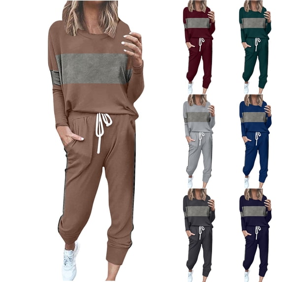 CFLVAEK Sweatsuits Women Two Piece Color Block Long Sleeve Pullover Tops Drawstring Waist Sweatpants Plus Size Lounge Tracksuits with Pockets Dark Gray M