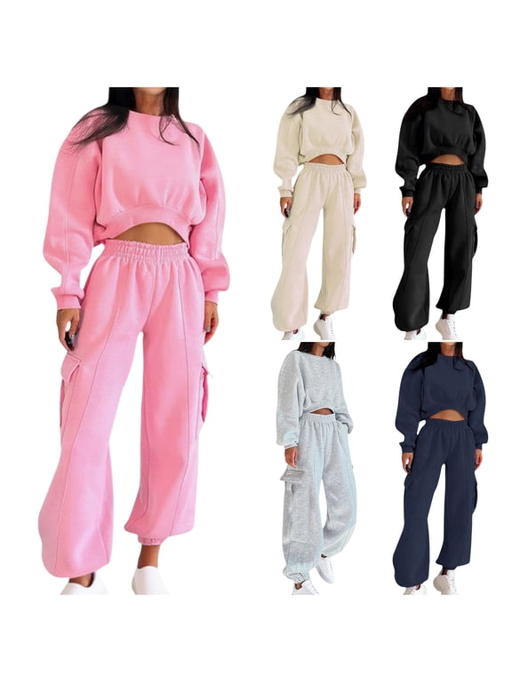 Sweatsuits for Women Two Piece Long Sleeve Crop Sweatshirts Comfort High Waist Jogger Pants Trendy Fall Outfits Sets Dark Blue XXL
