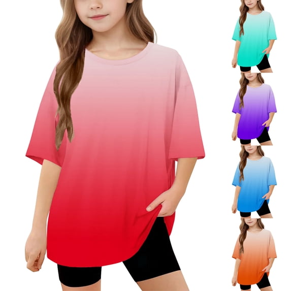 CFLVAEK T Shirts for Kids Girls Size 5-15 Casual Summer Short Sleeve Tshirts Oversized Round Neck Tshirt Fashion Gradient Graphic Tees Red Size 8 Years