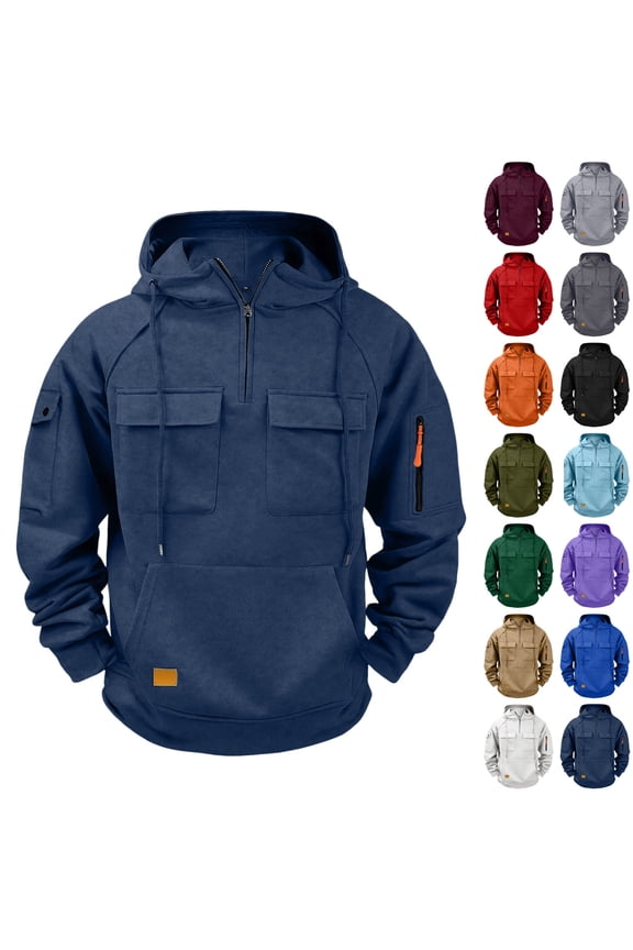 Tactical Hoodies for Men Big and Tall Quarter Zip Hoodie with Multi Pockets Loose Fit Long Sleeve Workout Pullover Tops White XXL