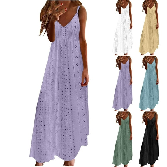 CFLVAEK Tank Dresses for Women Summer Casual V Neck Sleeveless Maxi Dress Loose Eyelet Vacation Beach Dress Solid Color Sundress 2025 Yellow S