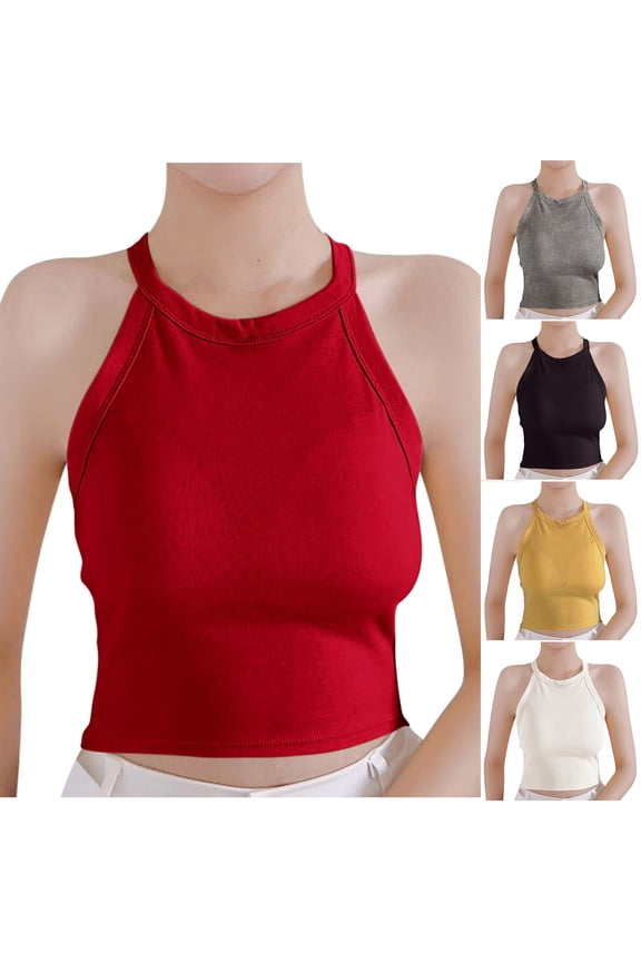 Tank Top with Built in Bra for Women Casual Summer Halter Tank Tops Slim Fit Sleeveless Tunic Tops Solid Color Cotton Clothes Black Free Size
