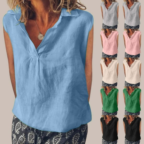 CFLVAEK Tank Tops for Women Casual Summer Lapel V Neck Tops Loose Fit Cap Sleeve T Shirts Solid Color Classic Tank Top Beige S