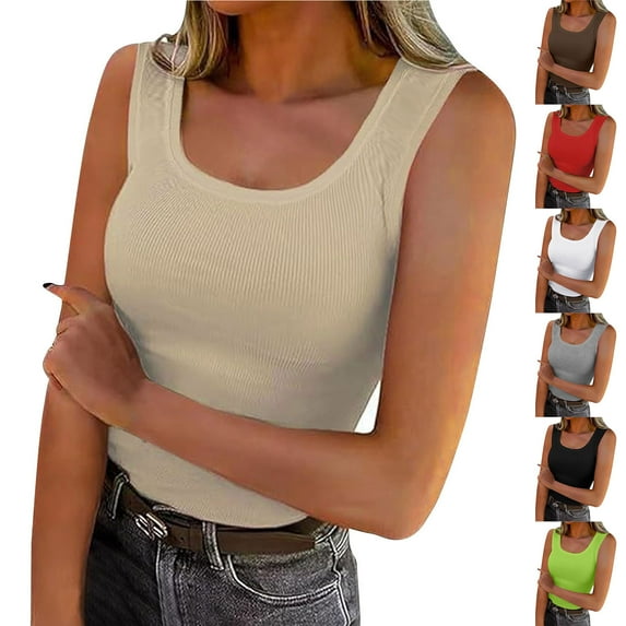 CFLVAEK Tank Tops for Women Ribbed Knit Sleeveless Scoop Neck Fitted Tank Top Solid Color Casual Basic Shirts Black XL