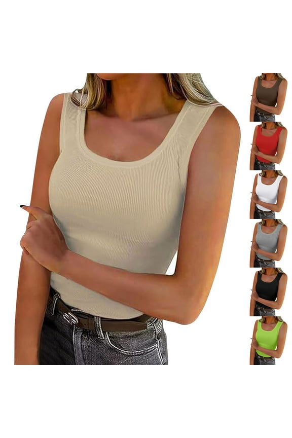 Tank Tops for Women Ribbed Knit Sleeveless Scoop Neck Fitted Tank Top Solid Color Casual Basic Shirts 2025 Khaki XXL