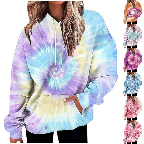 CFLVAEK Tie Dye Hoodies for Women Oversized Long Sleeve Pullover Tops Casual Drawstring Hooded Sweatshirts Fall Fashion Clothes with Pockets Multicolor XXL