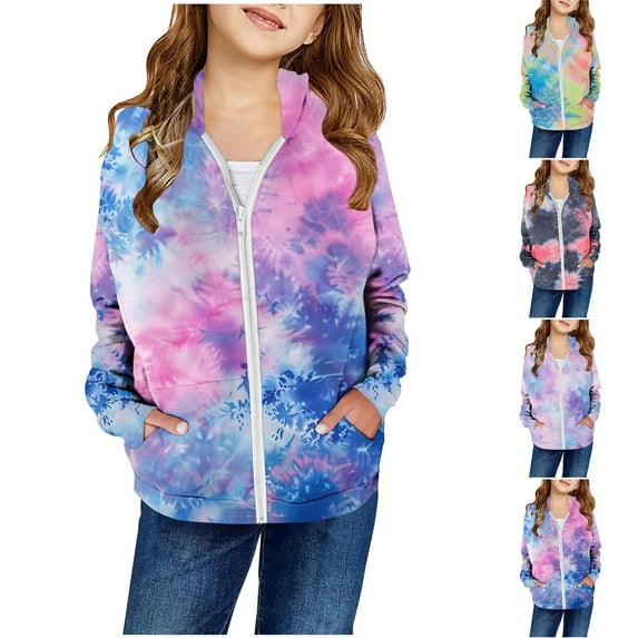 CFLVAEK Tie Dye Hoodies for Girls Zip Up Long Sleeve Fall Hoodie Sweatshirts with Pockets Trendy Preppy Teen Girls Clothes Purple Size 2 Years