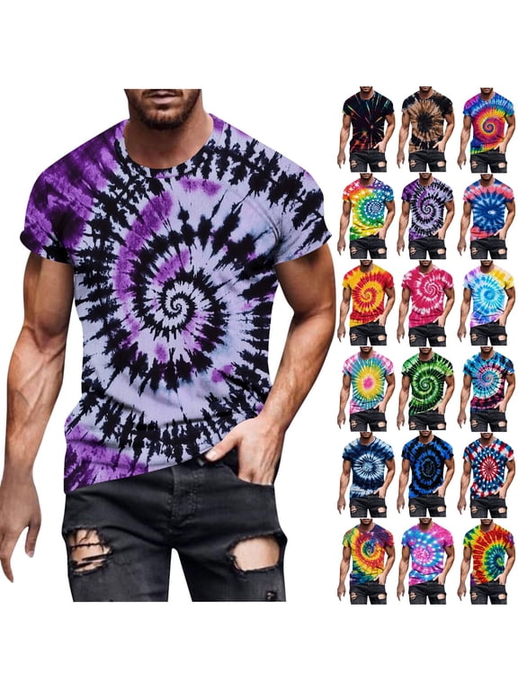 Tie Dye T Shirts for Men Big and Tall Round Neck Tshirt Loose Fitted Short Sleeve Tshirts Hippies Fashion Graphic Tees 2025 Navy L