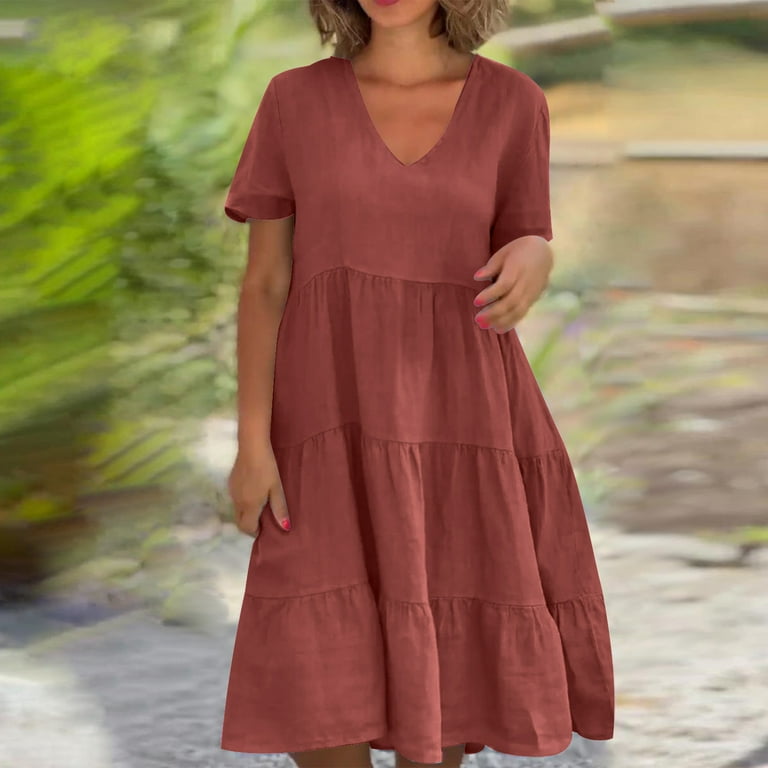 CFLVAEK Tiered Smock Summer Dresses for Women Flowy Solid Color Cotton Linen Dress Casual Short Sleeve Midi Dresses Classic Going Out Swing Dresses