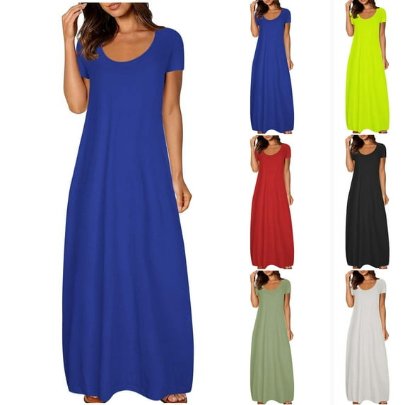 CFLVAEK Tshirt Dresses Women Plus Size Short Sleeve Maxi Dress Loose Fit Scoop Neck Dress Solid Color A Line Dress Summer Vacation Dress Blue XL