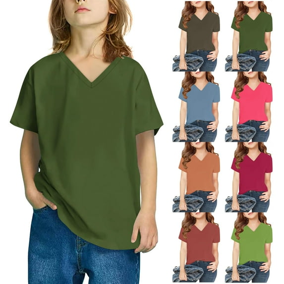 CFLVAEK Tshirts for Kids Girls Boys Casual Summer V Neck T Shirts Cute Short Sleeve Tees Solid Color Classic Fit Tops 2025 Orange 9 Years
