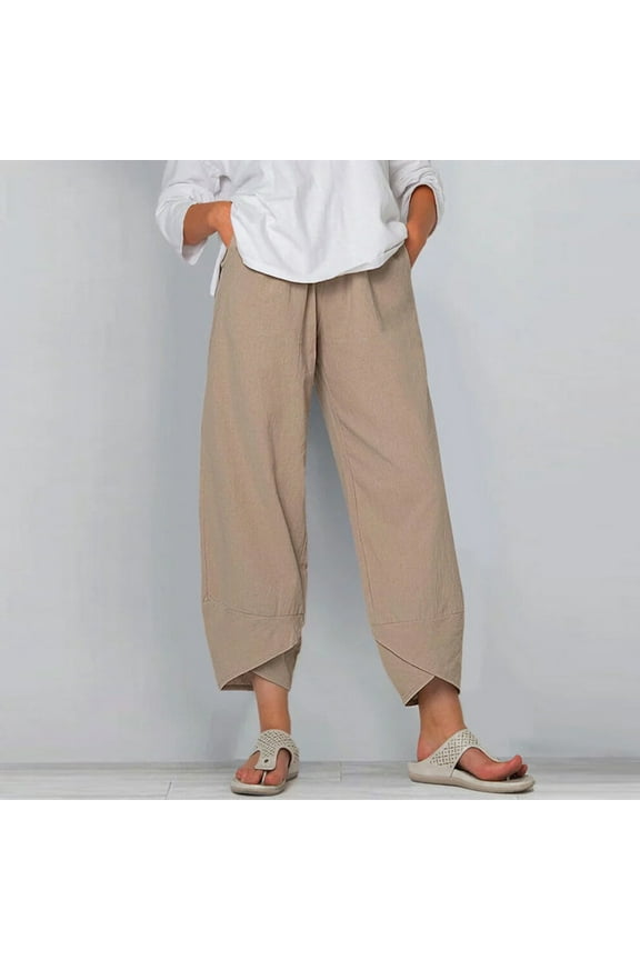 Tulip Cuff Wide Leg Pants for Women with 2 Pockets Casual Cotton Linen Culottes Summer Trendy Plain Color Clam Diggers Pants Comfy Ankle Length Lounge Trousers Elastic High Waist Cropped Pant