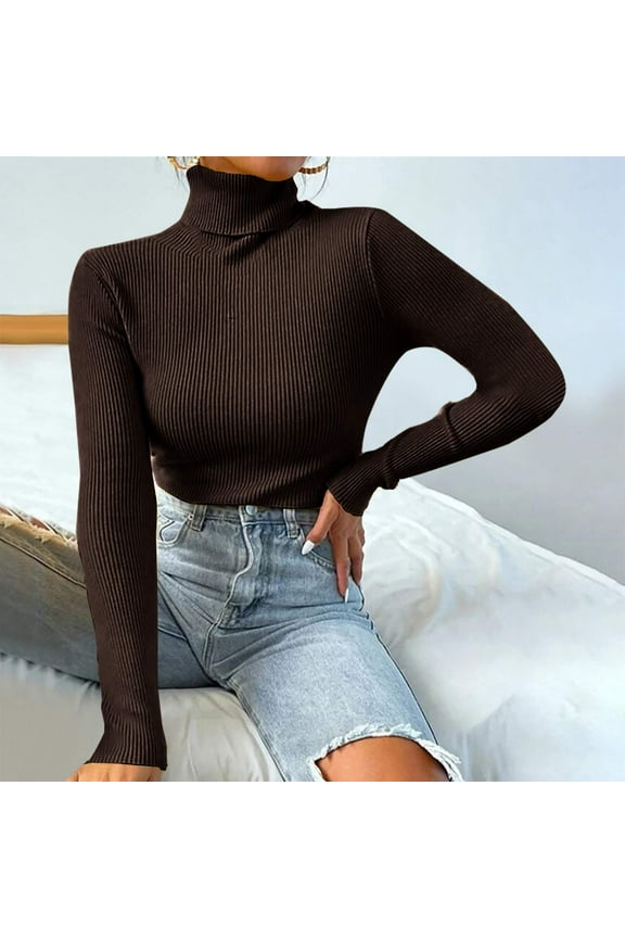 Turtle Neck Sweaters for Women Lightweight Ribbed Knit Sweater Solid Color Slimming Shirts Casual Long Sleeve Fall Pullover Tops Coffee M
