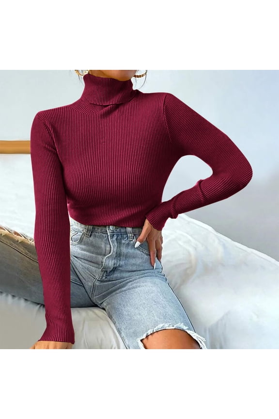 Turtle Neck Sweaters for Women Lightweight Ribbed Knit Sweater Solid Color Slimming Shirts Casual Long Sleeve Fall Pullover Tops Wine S