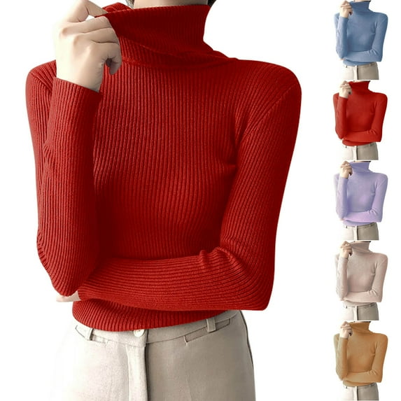 CFLVAEK Turtleneck Sweaters for Women Lightweight Cable Knit Long Sleeve Pullover Tops Trendy Fall Casual Slim Sweater Tops Red Free Size