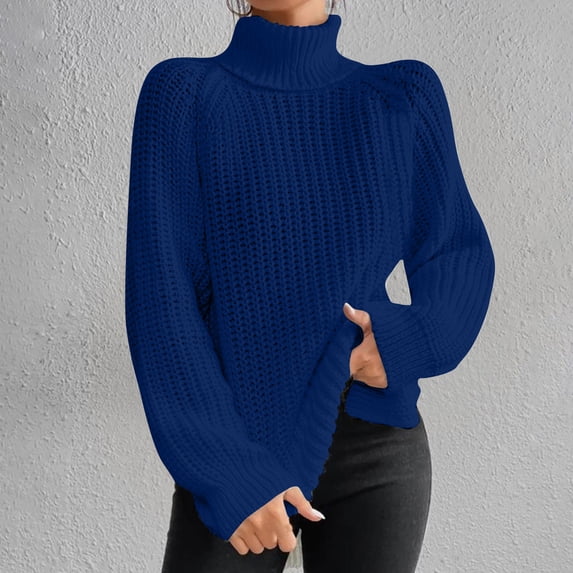 CFLVAEK Turtleneck Sweaters for Women Plus Sizes Cable Knit Pullover Tops Casual Long Sleeve Pullover Tops Solid Color Soft Fall Sweaters Dark Blue L