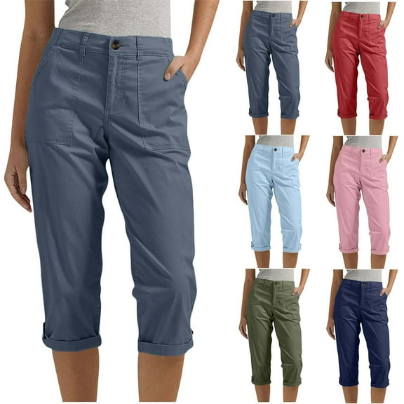CFLVAEK Twill Cargo Pants for Women Casual High Waisted Capri Pants Comfy Roll Up Wide Leg Cropped Pants with Pockets Blue S