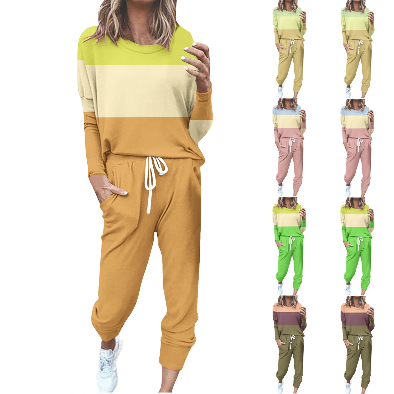 Plus Size Two-Tone Ribbed Top and Drawstring Pants Set