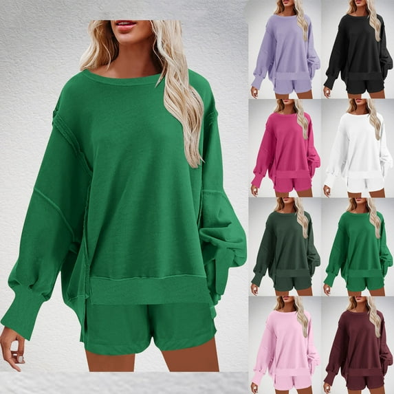 CFLVAEK Two Piece Outfits Women Shorts and Oversized Patchwork Long Sleeve Sweatshirts Fashion Fall Sweatsuits with Pockets Pink L