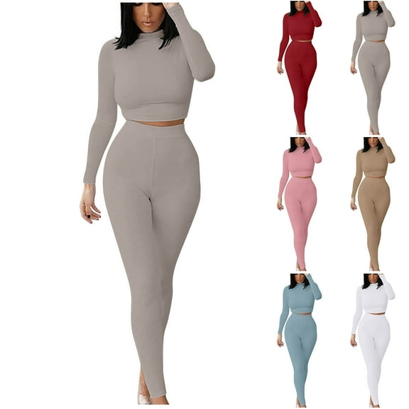 CFLVAEK Two Piece Outfits Women Slim Fitted Long Sleeve Crop Tops High Waist Leggings Workout Sets Fall Yoga Matching Clothes Pink XXL