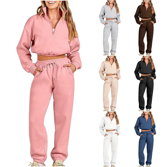 CFLVAEK Two Piece Sweatsuits Women Half Zip Long Sleeve Crop Sweatshirts Drawstring Elastic Waist Sweatpants Fall Workout Outfit Sets with Pockets Brown M