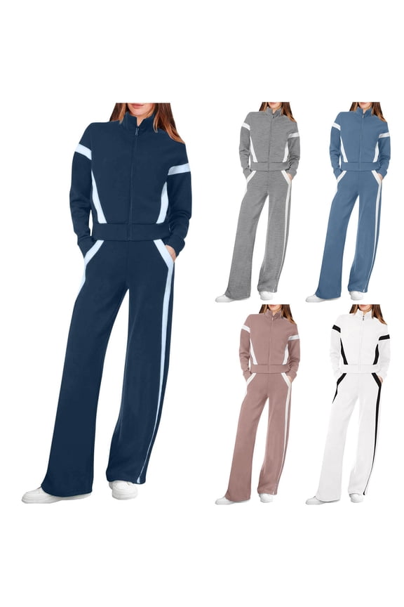 Two Piece Sweatsuits for Women Zip Up Sweatshirt Jackets Wide Leg Sweatpants Trendy Color Block Print Fall Winter Athletic Outfit Sets Blue XL