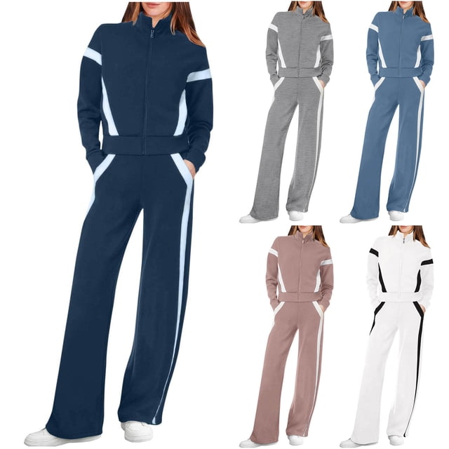 CFLVAEK Two Piece Sweatsuits for Women Zip Up Sweatshirt Jackets Wide Leg Sweatpants Trendy Color Block Print Fall Winter Athletic Outfit Sets Khaki M