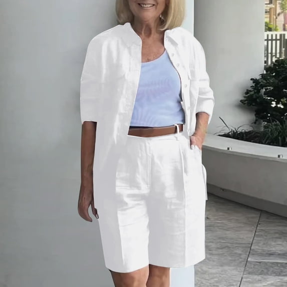 CFLVAEK Two Pieces Cotton Linen Sets for Women Casual Half Sleeve Button Down Shirts Loose Fit Round Neck Blouses Baggy Bermuda Shorts 2024 Solid Summer Going Out Outfits