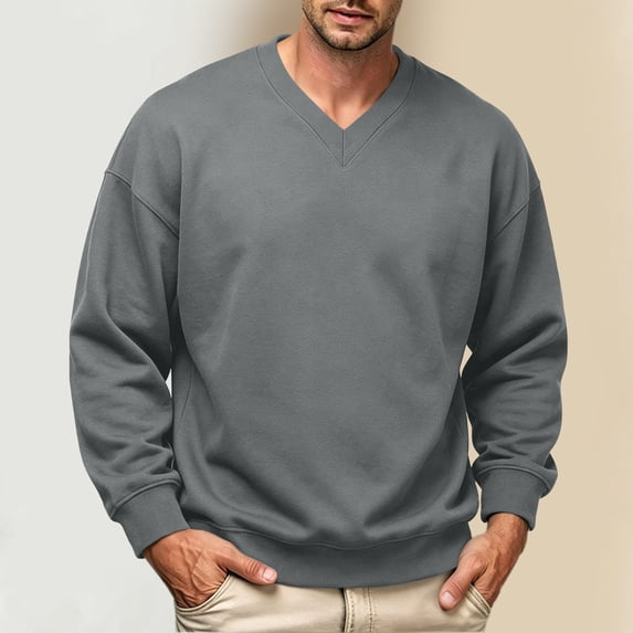 CFLVAEK V Neck Sweatshirts for Men Big and Tall Long Sleeve Sweatshirt Oversized Solid Color Pullover Tops Gray M