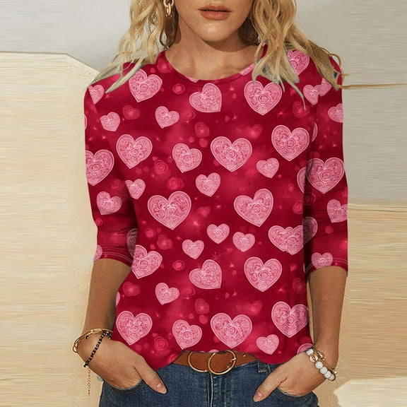 CFLVAEK Valentine's Day Shirts Women Cute Love Heart Graphic T Shirts Plus Size 3/4 Sleeve Tshirts Comfy Crew Neck Tunic Tops XXL
