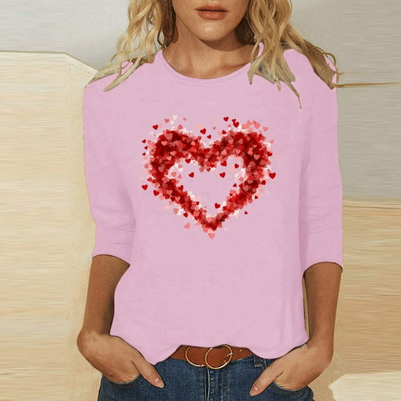 CFLVAEK Valentine's Day Shirts for Women Cute Love Heart Graphic T Shirts Plus Size Round Neck Shirt Loose Fit 3/4 Sleeve Holiday Tops 2025 XXL